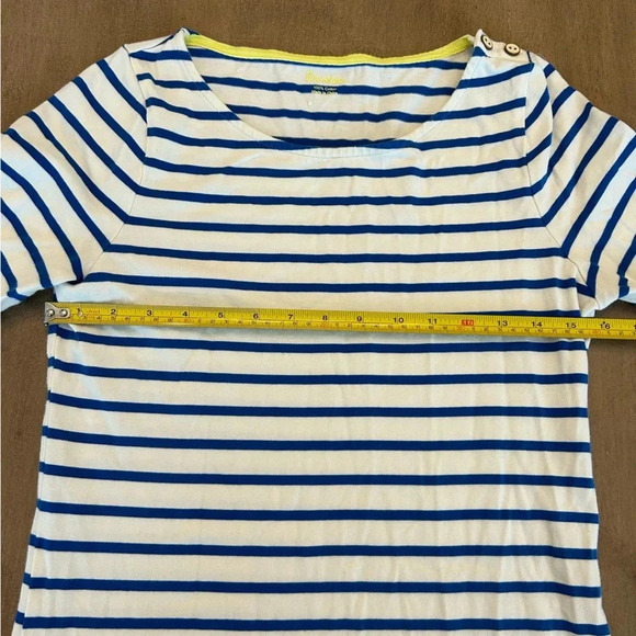 Boden Blue and White Striped Boatneck Dress Sz 4 Buttons on Shoulders 2 pockets - Picture 7 of 9
